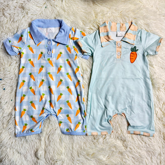 12.23 RST Sibling Baby Boys Blue Checked Carrots Easter Button Shorts Rompers