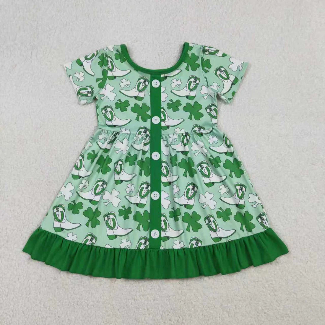 1.16 RTS Sibling Baby Girls Green Clovers Boots St Patrick Button Ruffle Knee Length Dress Rompers