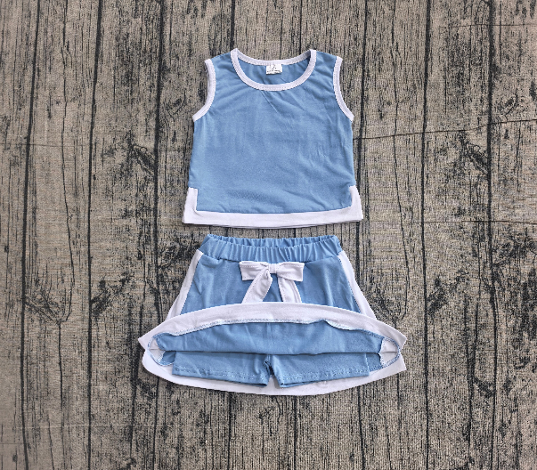 GSD4026 Sample No Moq GSD3828 Baby Girls Blue Sleeveless Vest Top Elastic Waist Skirt Shorts Sets