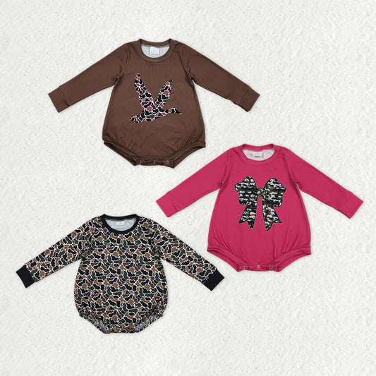 11.24 RTS Sibling Baby Boys Girls Camo Bows Ducks Southern Hunting Rompers