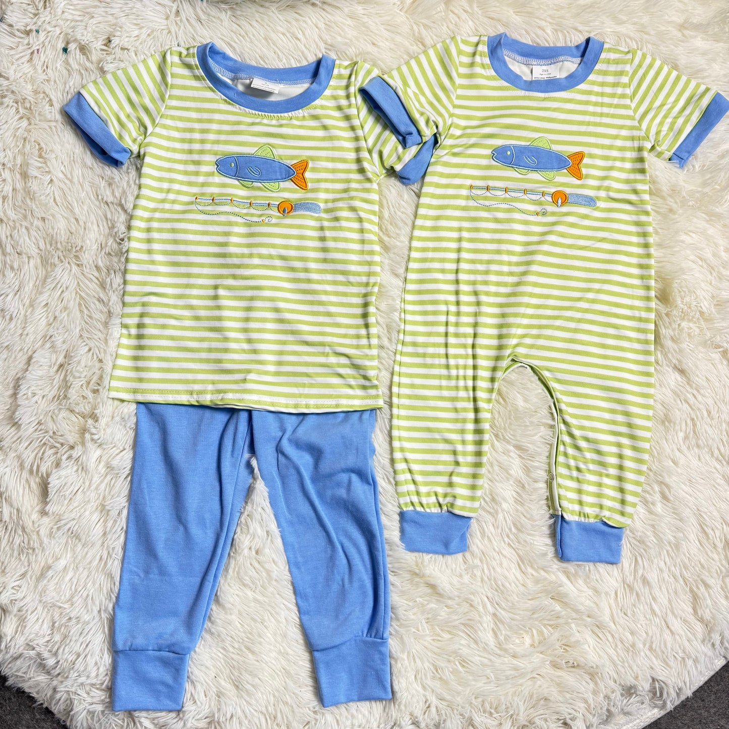 12.15 RTS Sibling Baby Boys Embroidery Fishing Stripe Top Pockets Pant Hunting Clothes Sets Footie Romper