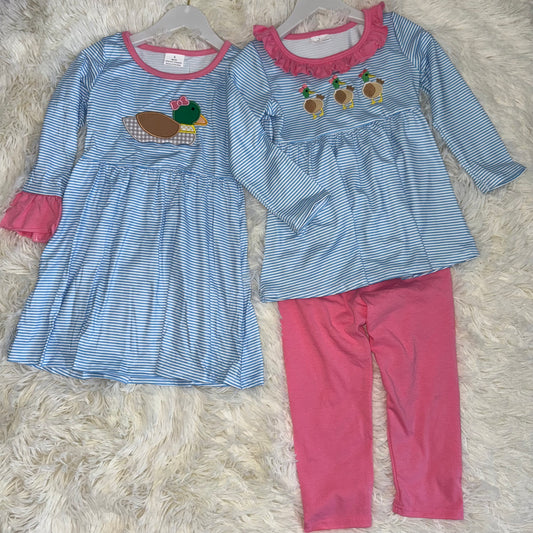 11.25 RST Sibling Baby Girls Embroidery Bow Ducks Blue Stripe Tunic Leggings Valentines Sets Dresses