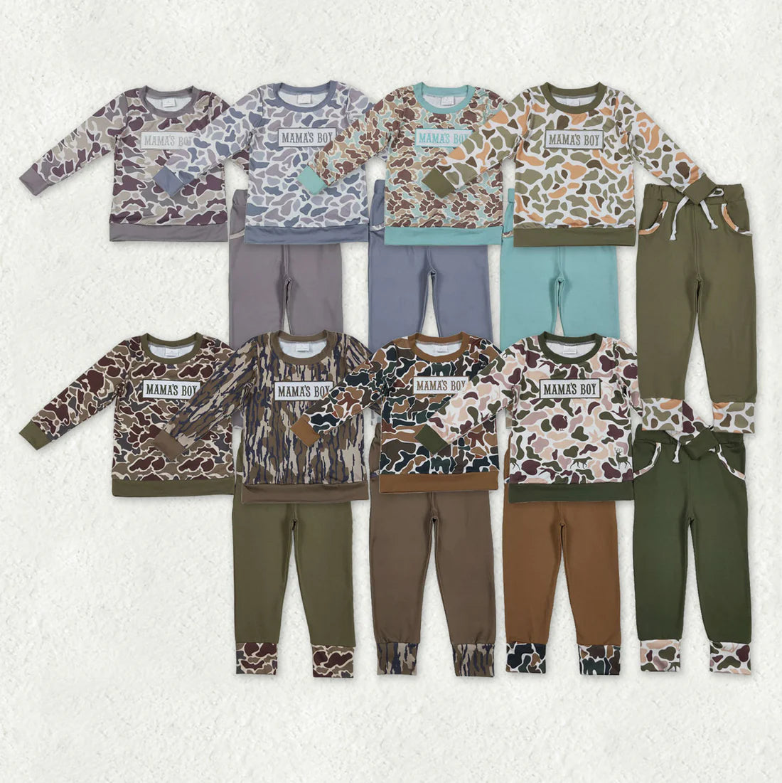 11.25 RTS Sibling Baby Boys Embroidery Mama's Boy Camo Top Pockets Pants Clothes Sets