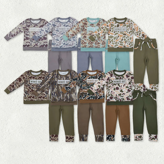 11.25 RTS Sibling Baby Boys Embroidery Mama's Boy Camo Top Pockets Pants Clothes Sets