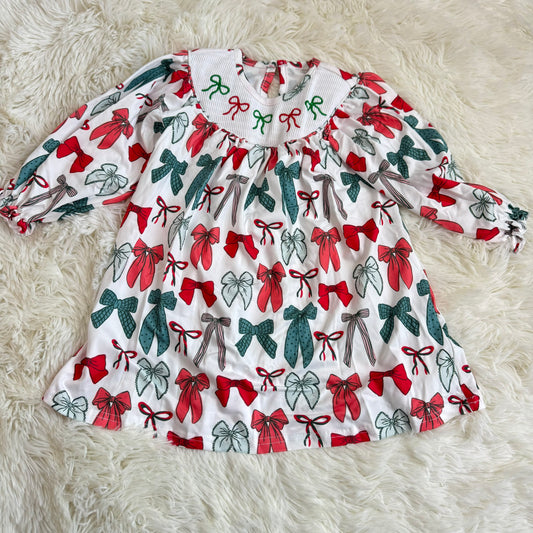 11.27 RST GLD1028 Baby Girls Christmas Colorful Bows Smocked Knee Length Dresses