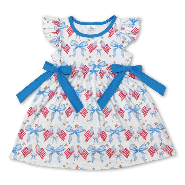 RTS Sibling Flutter sleeves flag bow girls 4th of july dresses
