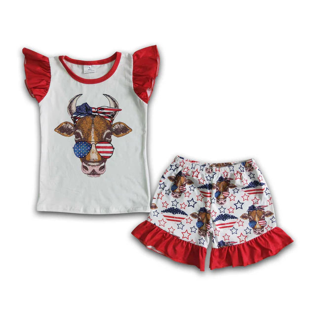 RTS Sibling Dog flag embroidery backless bow girls 4th of july clothes