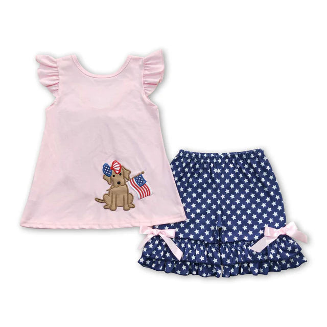 RTS Sibling Dog flag embroidery backless bow girls 4th of july clothes