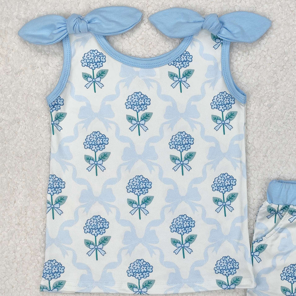 GSSO2079Kids Girls Light Blue Bow Floral Top Shorts Set Cute Floral Print Outfit for Little Girls Ages 4-12