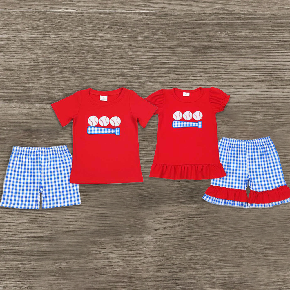 6.04   New Rts No Moq 8-9 Days By Air Arrived it Kids Boys Red Plaid Shorts Outfit Baseball Shirt Set Toddler Clothing Combination