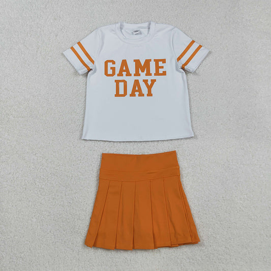 RTS NO MOQ （In stock）GT1116+GLK0109 Baby Girls Yoga Outfits White Orange Short Sleeves Game Day Activewear Top with Pleated Skirts Orange Yoga Skorts Bottom