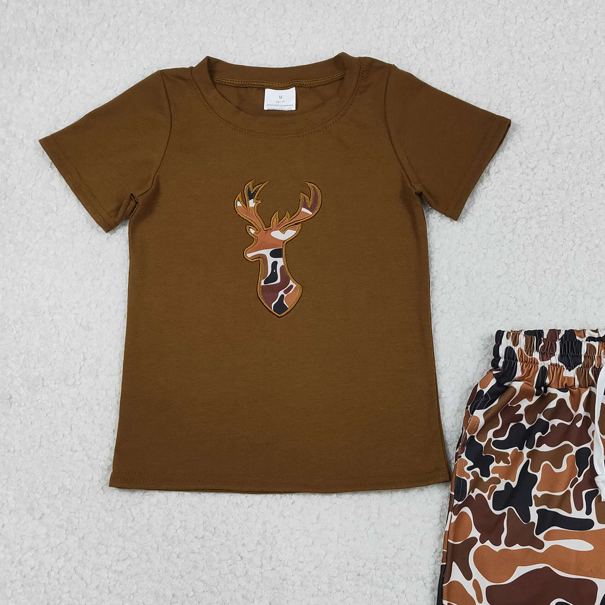 12.2 RTS NO MOQ （In stock）BSSO1575 Embroidery Camo Deer Baby Boys Brown Top Shorts Hunting Clothes Sets