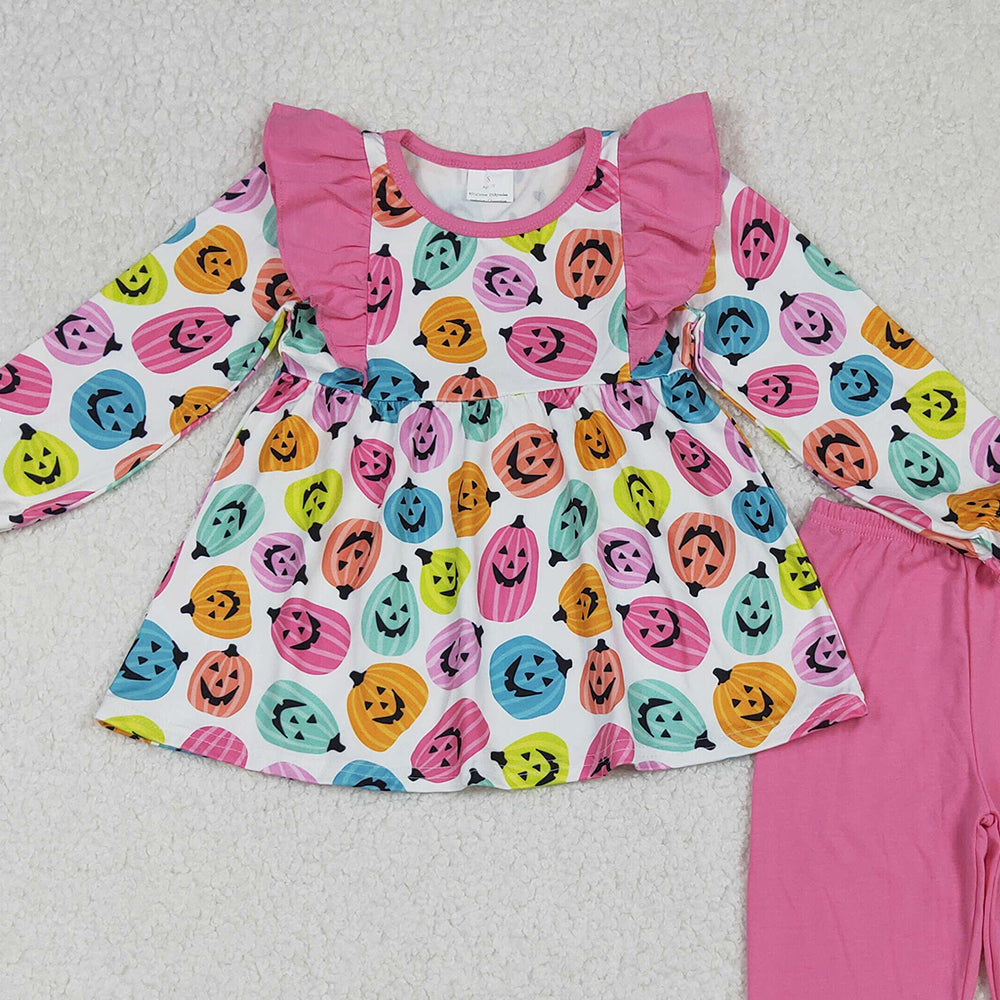RTS NO MOQ （In stock）GLP2569 Baby Girls Winter Outfits Halloween Colorful Ghost Pumpkins Top Ruffle Pants Sets