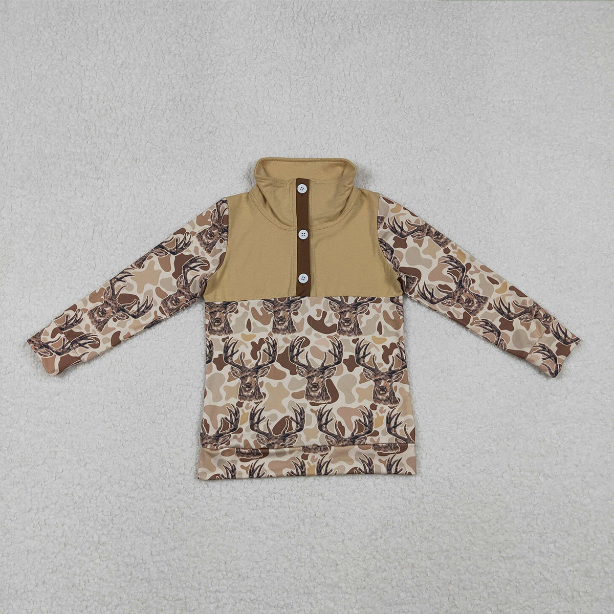 10.28 RTS NO MOQ （In stock）BT1338 Baby Boys Khaki Camo Deer Button Hunting Pullovers Top
