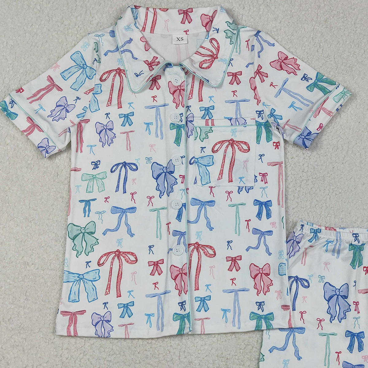 11.5 RTS NO MOQ （In stock）GSSO2216 Adult Women Colorful Bows Lapel Buttons Tops Shorts Pajamas