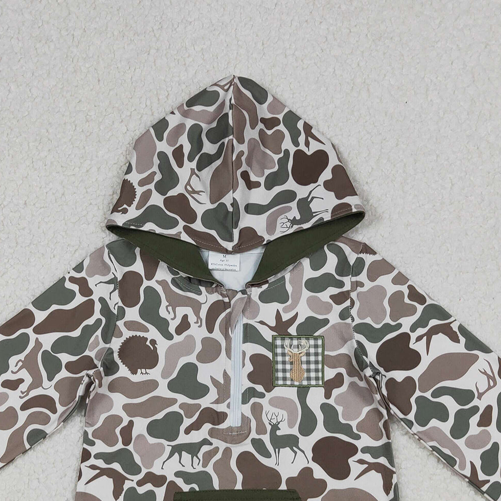 10.11 RTS NO MOQ （In stock）BT1304 Embroidery Deer Baby Boys Dog Ducks Camo Pocket Zipper Hunting Hoodies