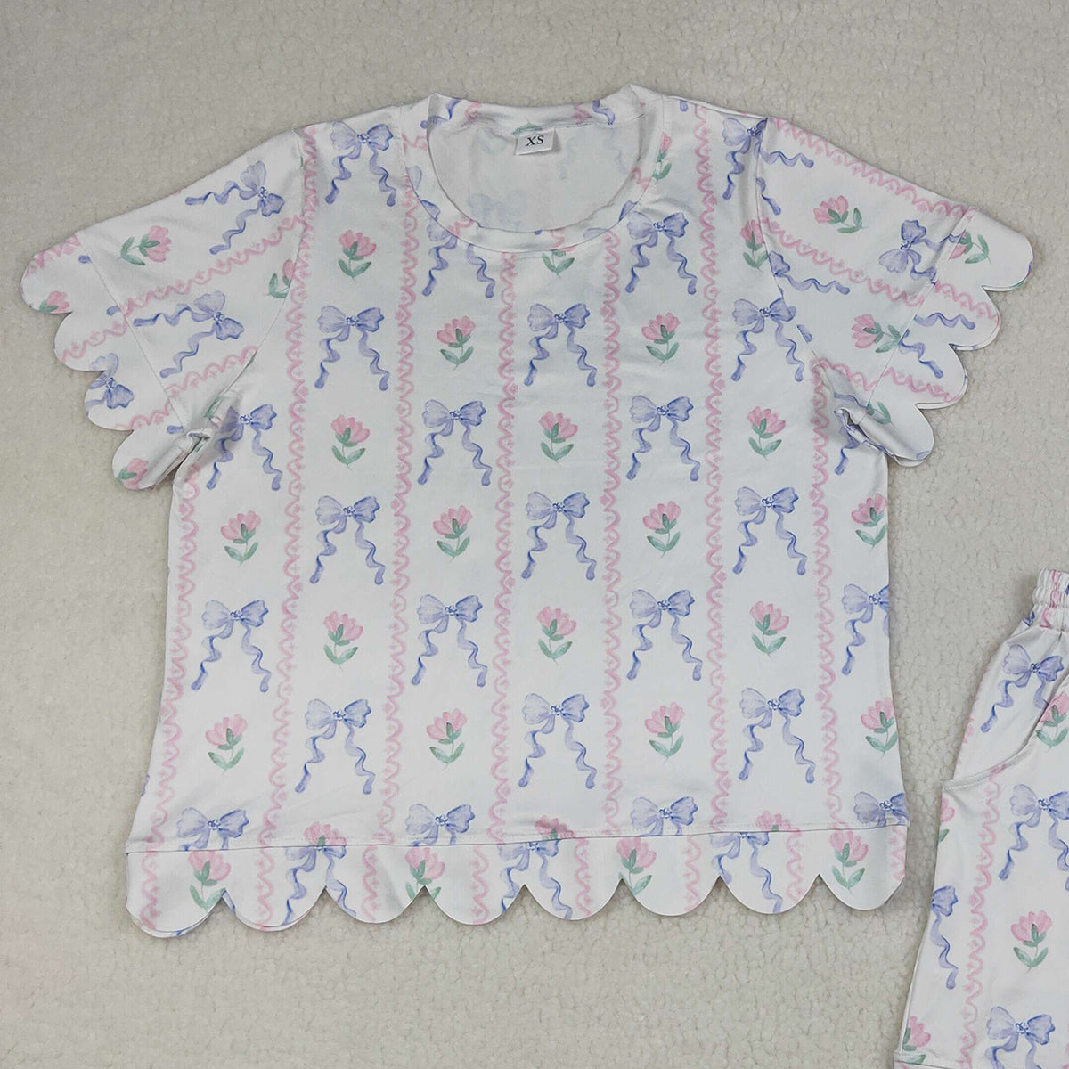 4.9 GSSO3405 RTS NO MOQ （In stock）Short sleeves floral bow top shorts adult women outfits