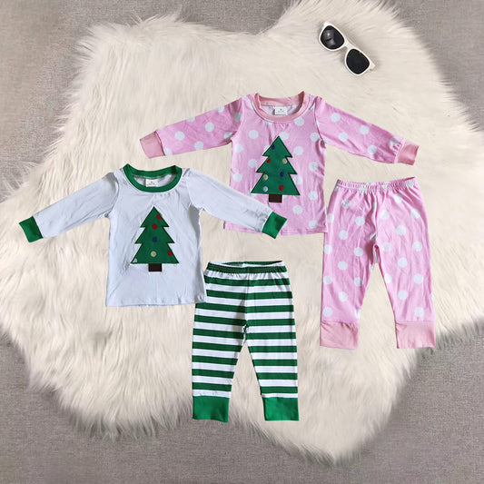 8.21 RTS Sibling Baby Boys Girls Christmas tree applique girls sleep wear