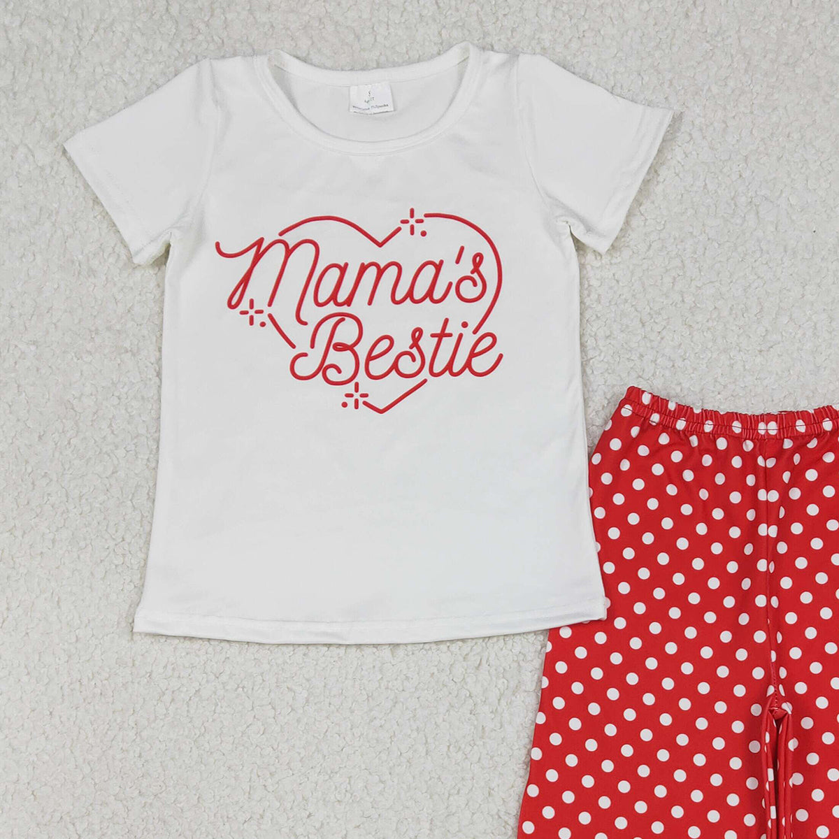 1.9 RTS NO MOQ （In stock）GSPO2250 Baby Girls Mama's Bestie Heart Top Polka Dots Flare Pants Clothes Sets