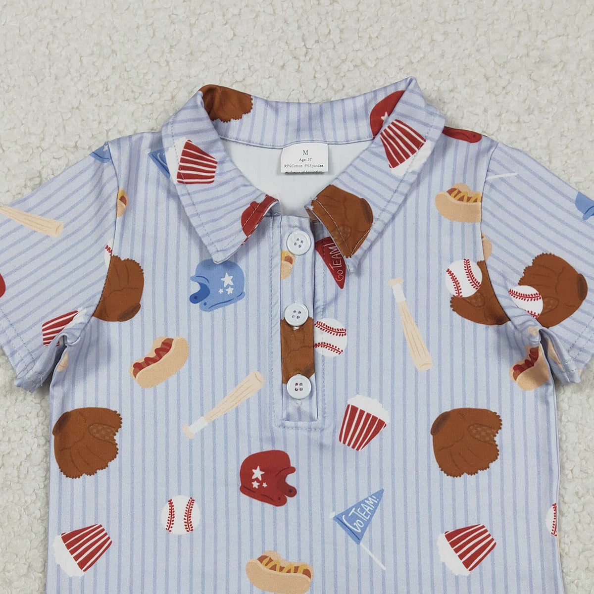 12.29 RTS NO MOQ （In stock）BT1580 Baby Boys Blue Stripe Baseballs Team Button Polo Shirts Top
