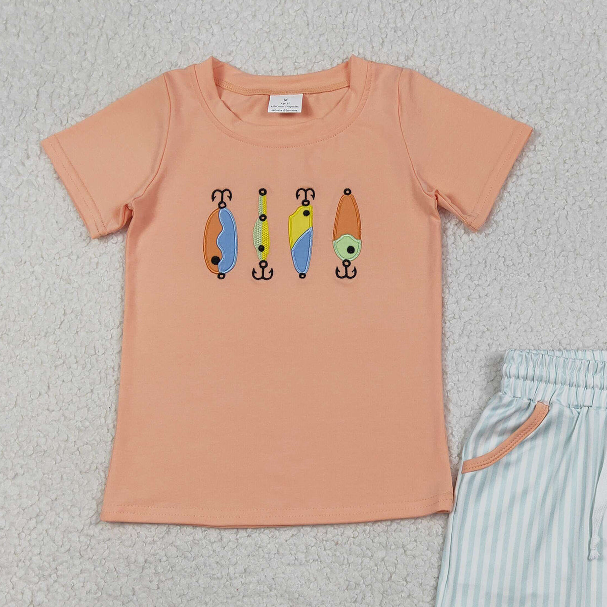 12.23 RTS NO MOQ （In stock）BSSO1606 Embroidery Fishing Baby Boys Shirts Stripe Pockets Shorts Hunting Clothes Sets