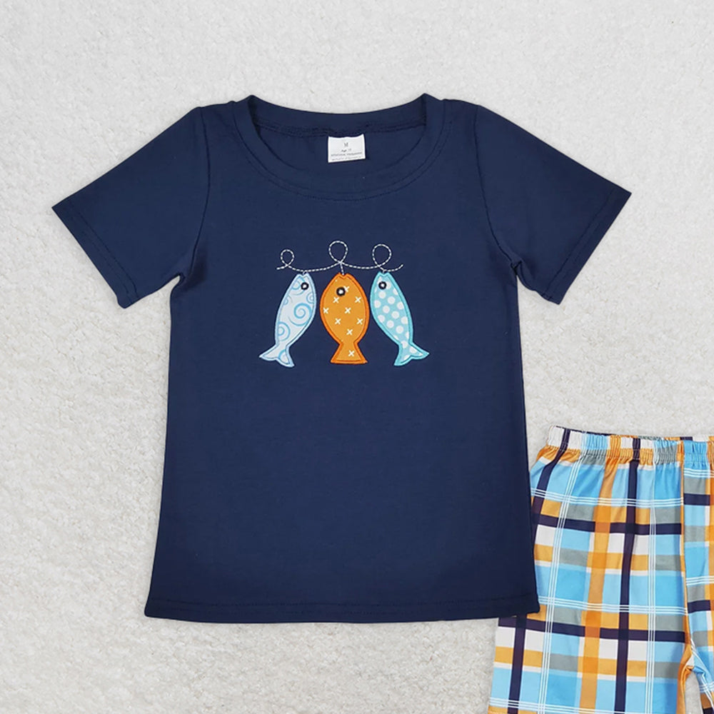 BSSO0465RTS NO MOQ Baby Boys Summer Boys Outfits  Baby Boys Fishes Shirts Shorts Summer Clothes Sets