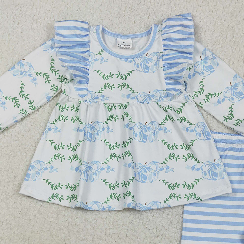 RTS NO MOQ （In stock）GLP1548 Baby Girls Winter Outfits Baby Girls Pumpkins Bows Tunic Top Stripes Pants Fall Clothes Sets