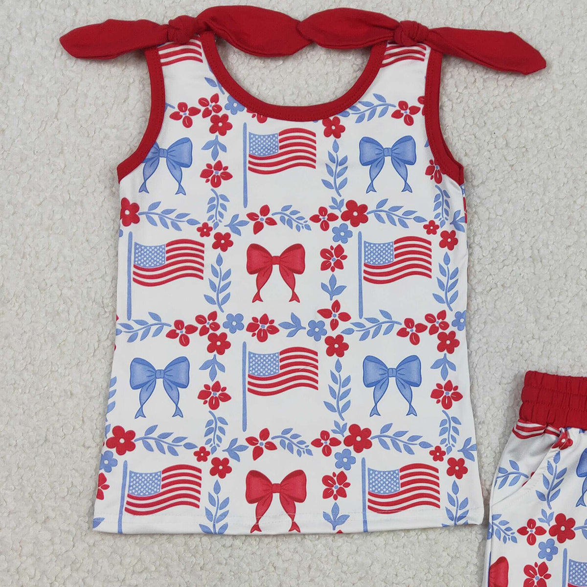 3.10 RTS NO MOQ （In stock）GSSO3094 Kids Clothing for Girls Baby Girls 4th of July Red Blue Flowers Flags Top Pockets Short Clothes Sets