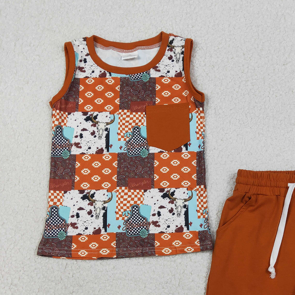 1.22 RTS NO MOQ （In stock）BSSO1773 Baby Boys Aztec Null Skulls Checked Top Pockets Shorts Western Clothes Sets