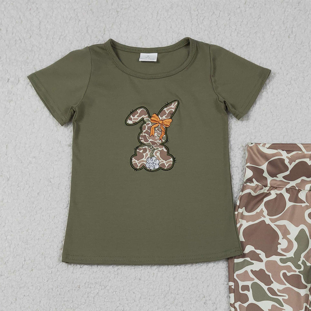 3.17 RTS NO MOQ （In stock）GSPO2110 Summer Baby Girls Embroidery Camo Rabbit Shirt Top Bell Bottom Pants Easter Clothes Sets