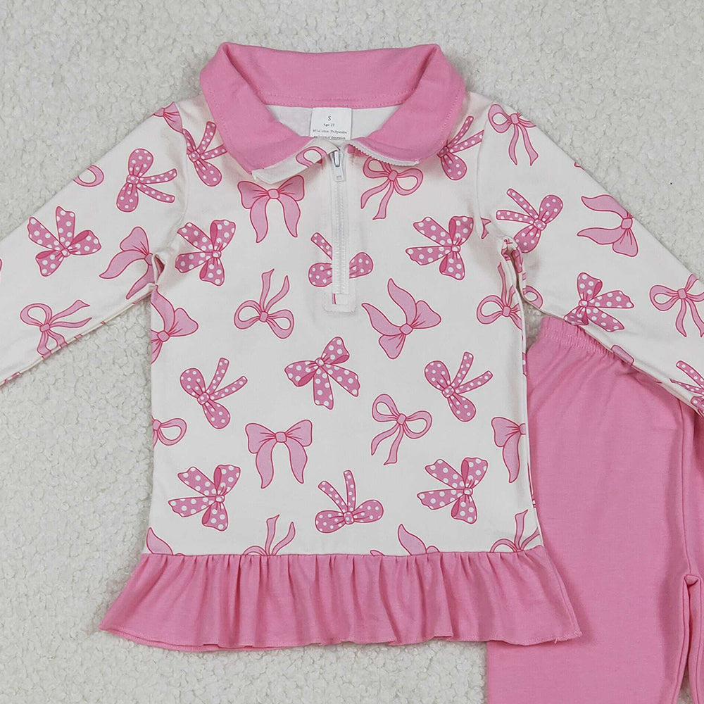 RTS NO MOQ （In stock）GLP2778 Baby Girls Winter Outfits Pink Bows Zipper Pullover Ruffle Legging Pant Fall Clothes Sets