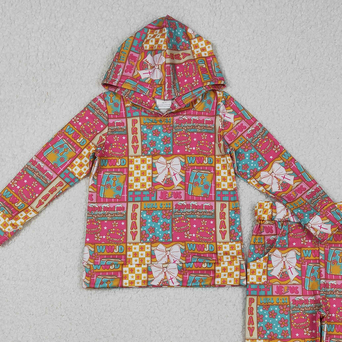 11.19 RTS NO MOQ （In stock）GLP2891 Baby Girls Bows Flowers Pray Checked Hoodies Pockets Jogger Pants Clothes Sets