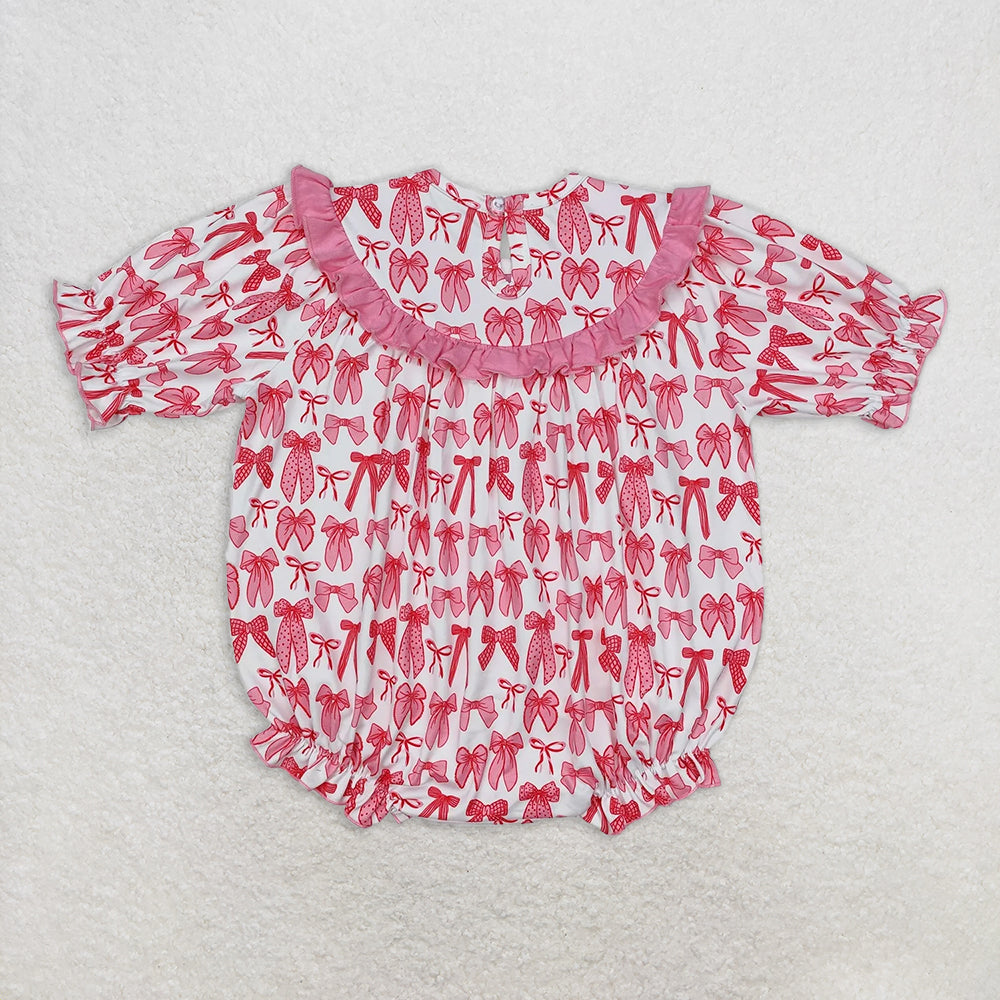 SR2620RTS NO MOQ Baby Girls Summer Rompers Short sleeves Mama's bestie smocked bow baby girls romper