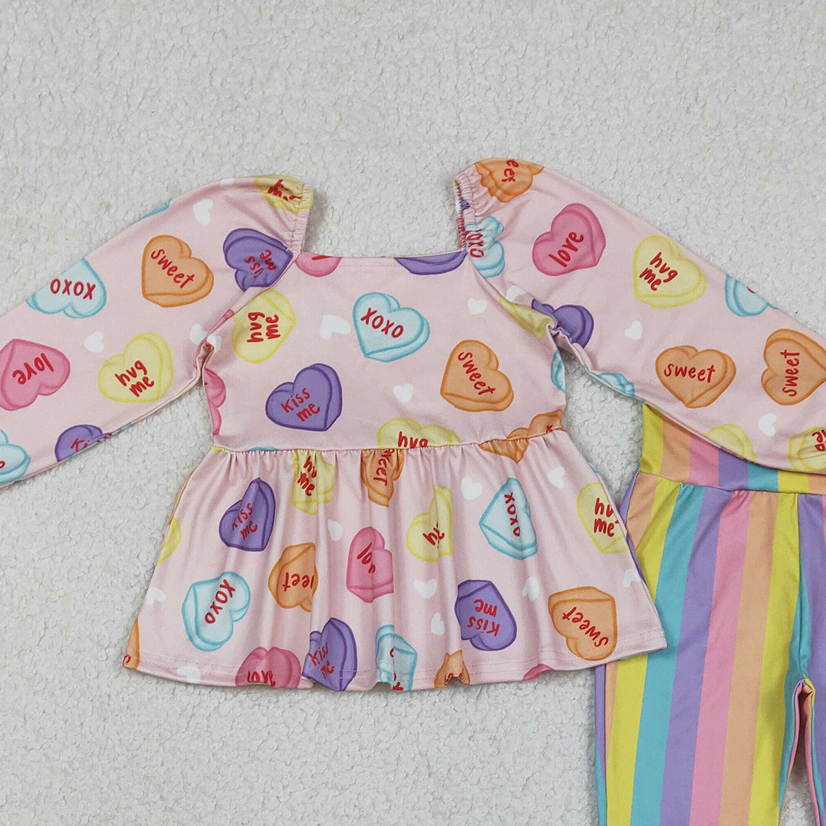 12.12 RTS NO MOQ （In stock）GLP3118 Baby Girls Colorful Hearts Tunic Stripe Bell Bottom Pant Valentines Clothes Sets