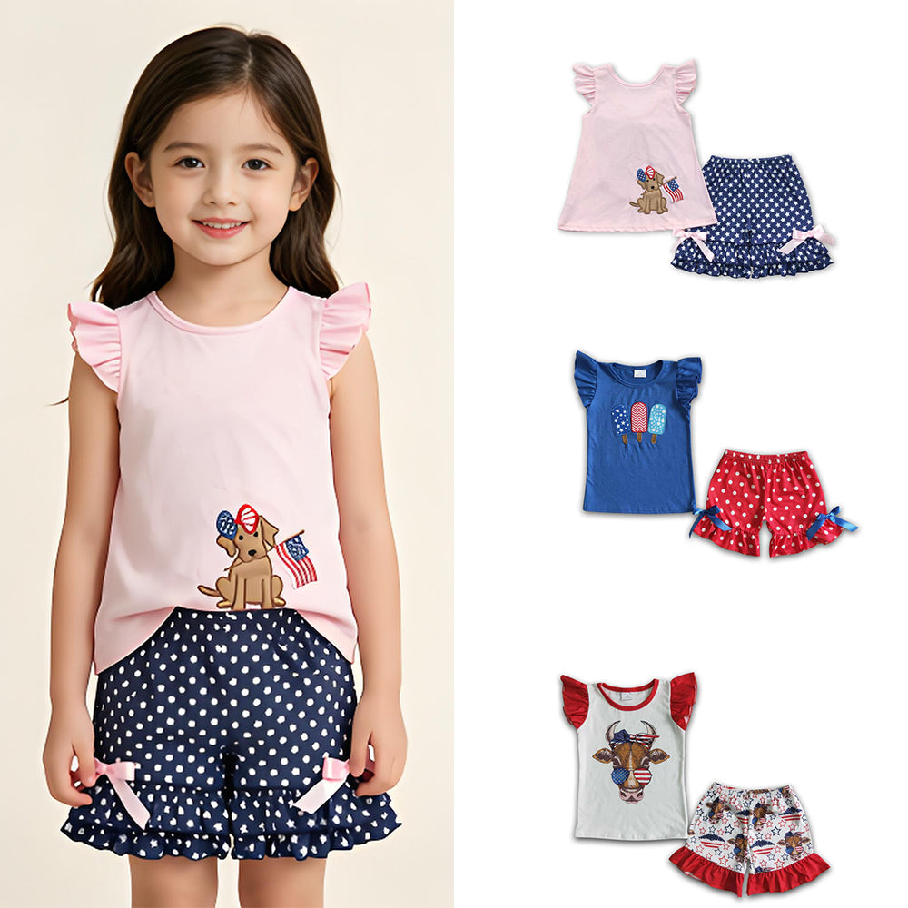 RTS Sibling Dog flag embroidery backless bow girls 4th of july clothes