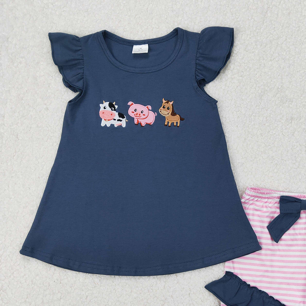 5.16 GSSO2110 RTS NO MOQ Cows pig horse top stripe shorts farm girl clothes