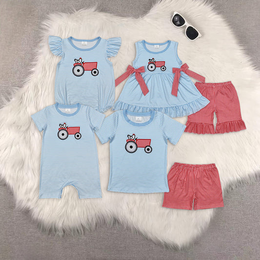 8.12   RTS Sibling Short sleeves stripe chicken tractor boys farm clothes rompers
