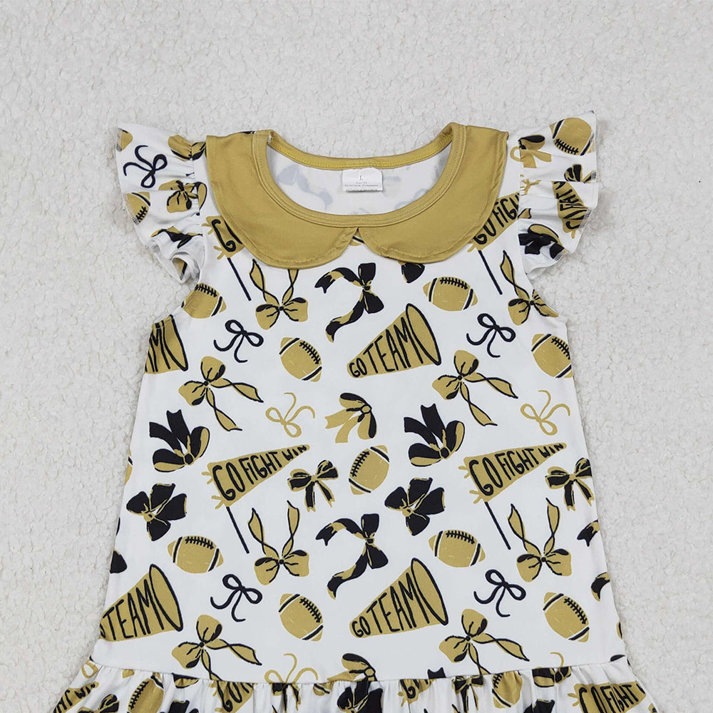 RTS NO MOQ （In stock）GSD2788  Baby Girls Summer Dress Flutter Sleeves Yellow Cheer Bows Team Knee Length Dresses