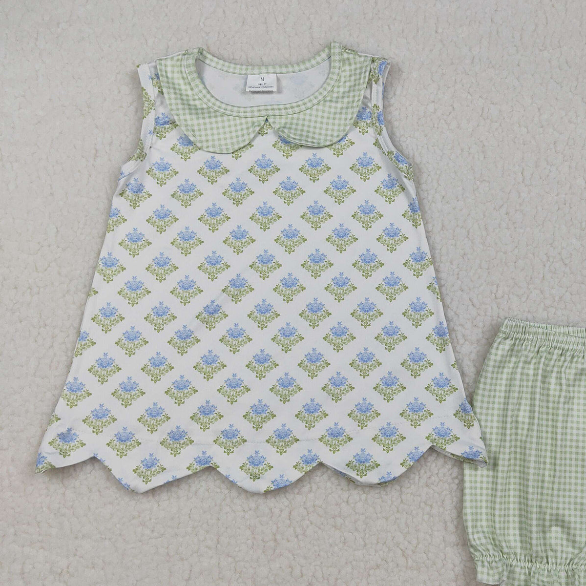 3.25 RTS NO MOQ （In stock）GSSO2850 Kids Clothing for Baby Girls Sleeveless Green Flowers Plaid Collar Tunic Ruffle Shorts Clothes Sets