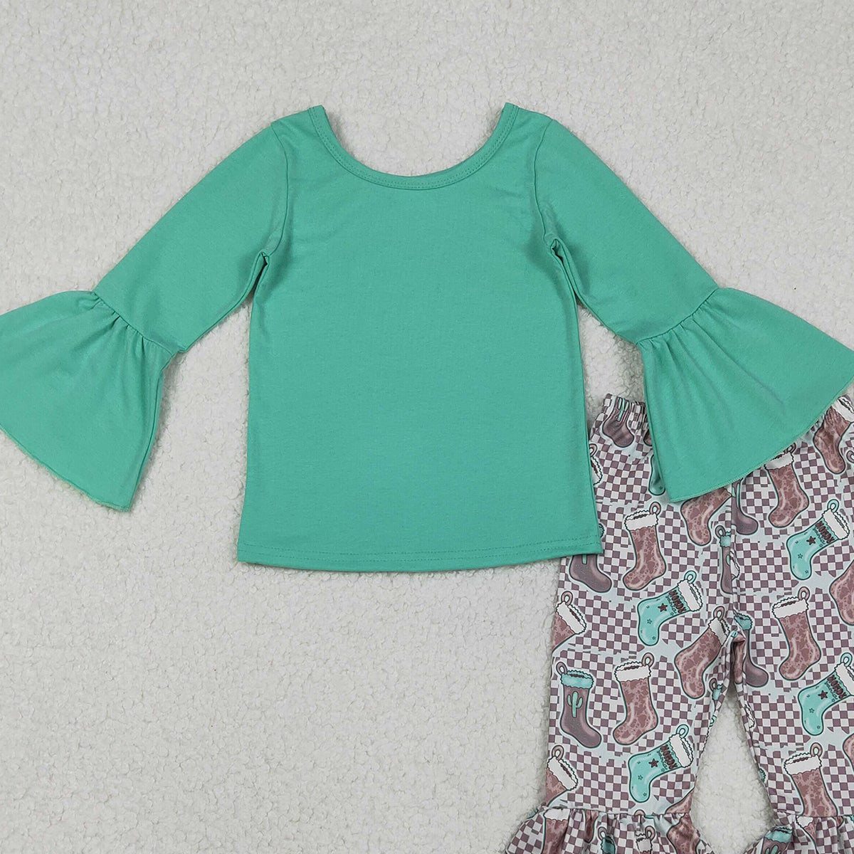 11.6 RTS NO MOQ （In stock）GLP3036 Baby Girls Aqua Top Cactus Boots Bell Bottom Pants Western Clothes Sets