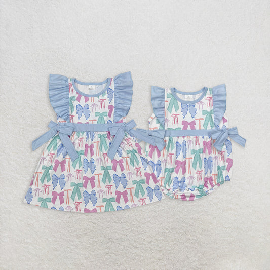 7.02 Sibling Flutter sleeves colorful bow kids girls dresses rompers