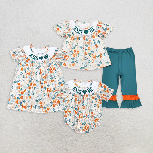 8.11  RTS NO MOQ Baby Girls Summer Outfits  Jesus love me floral tunic ruffle pants girls clothing dress rompers
