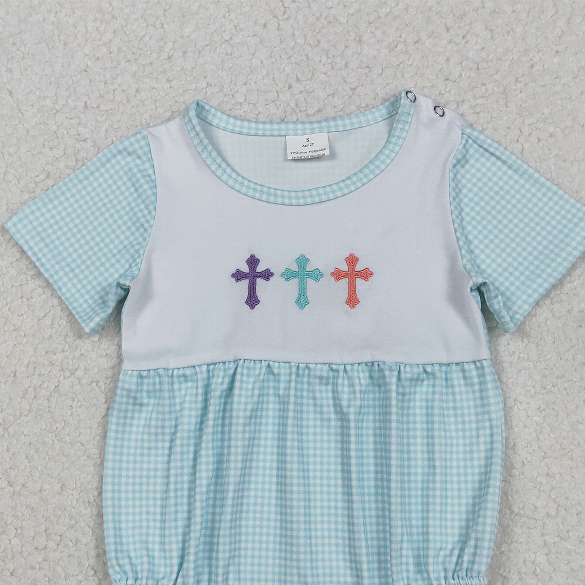 11.8 RTS NO MOQ （In stock）SR3215 Baby Boys Summer Rompers Embroidery Crosses Baby Boys Blue Checked Short Sleeve Easter Rompers