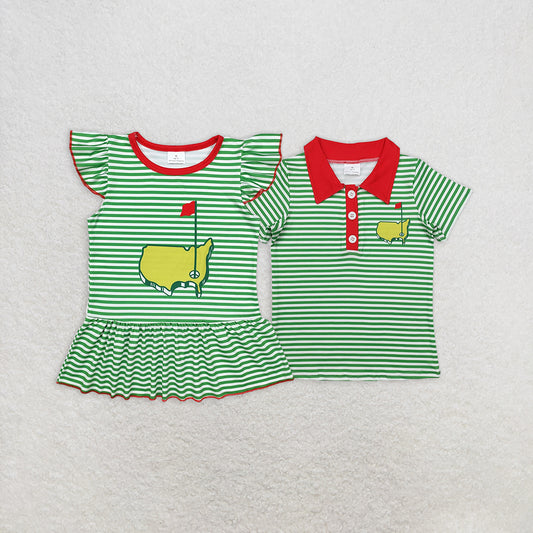 7.15  RTS NO MOQ Short sleeves green stripe golf kids boys and girls polo shirt
