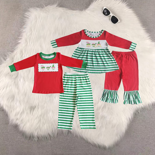 8.21 RTS Sibling Baby Boys Girls Red screen print shirt stripe pants boy Christmas pajamas