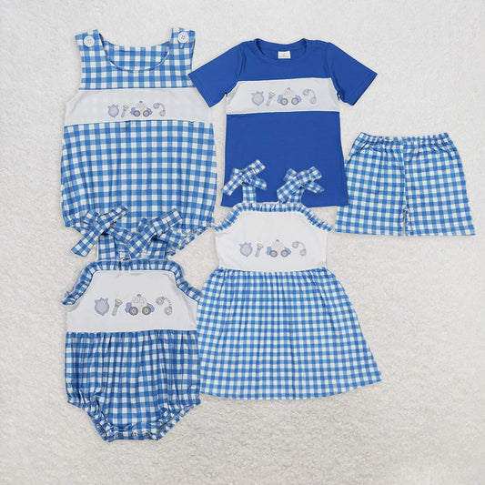 7.14 RTS NO MOQ Blue police car top plaid shorts boys and girls clothes