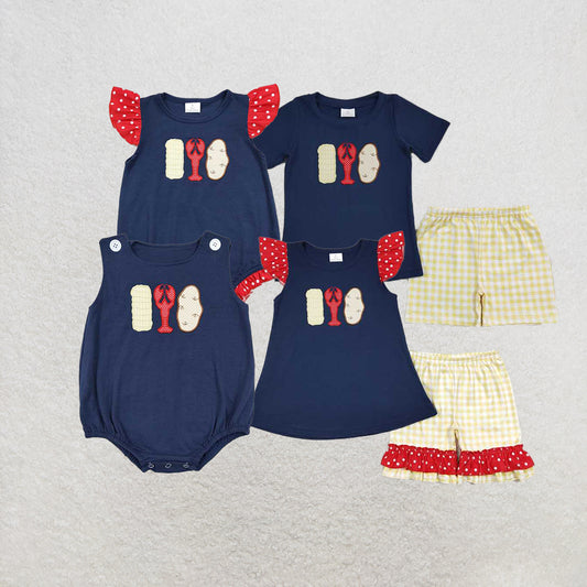 4.18 RTS NO MOQ Girls Navy Plaid Corn Crawfish Top And Shorts Set Cute Animal Print Outfit for Kids