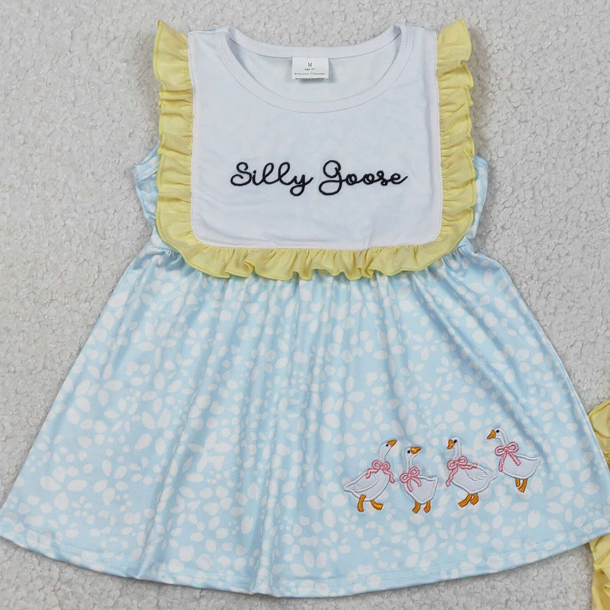 2.4 RTS NO MOQ （In stock）GSSO2796 Embroidery Silly Gooses Baby Girls Floral Tunic Ruffle Shorts Clothes Sets
