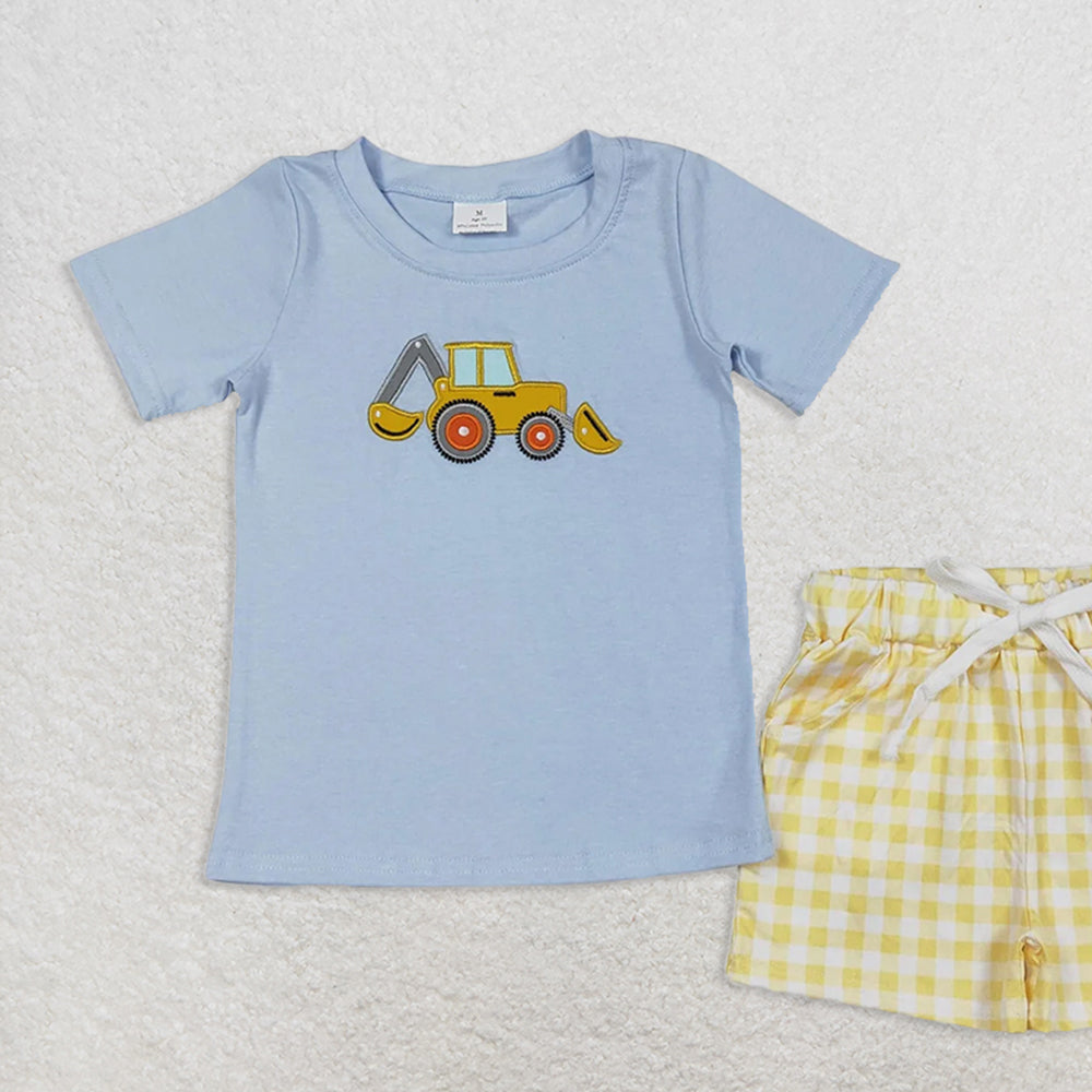 BSSO1117RTS NO MOQ Baby Boys Summer Boys Outfits Boys' Charming Short-Sleeved Light Blue Construction Clothes for Everyday