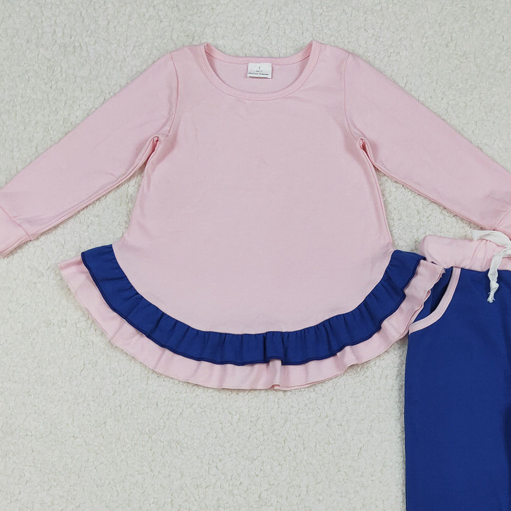 RTS NO MOQ （In stock）GLP2401  Baby Girls Winter Outfits Light Pink Ruffle Shirts Top Pockets Legging Pants Sets